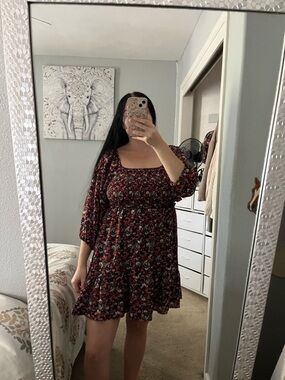 Floral Black Pink Flowy Boho Smocked Shirred Mini Dress M Medium